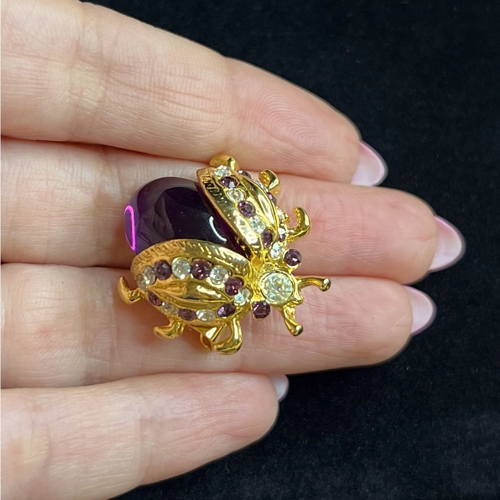PURPLE & GOLD LADYBUG BROOCH WITH RHINESTONES